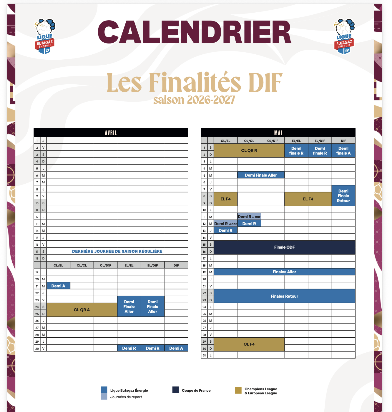 Calendrier D1 handball sur handbelles.fr