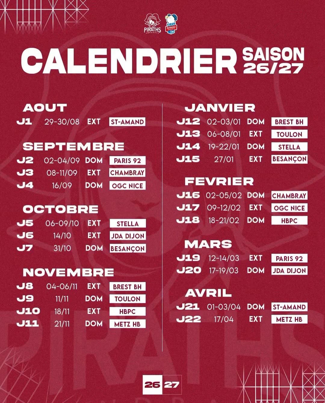 Piraths Strasbourg ATH Calendrier D1 handball sur handbelles.fr